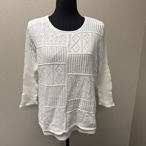 Alfred Dunner White Textured Knit Sweater Large Cotton Layered Top
